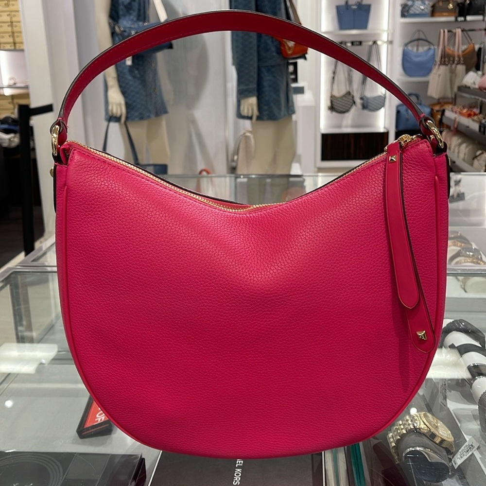 Michael Kors Dover Large Leather Top Zip Half Moon Shoulder Bag in Electric Pink - Picture 12 of 16